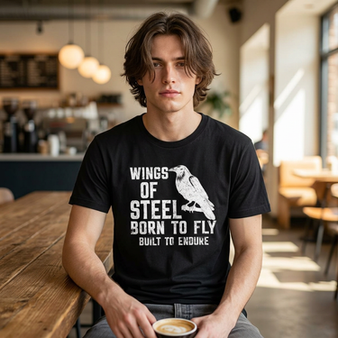 Wings of Steel Men's Durable and Soft T‑Shirt design 3 white letters